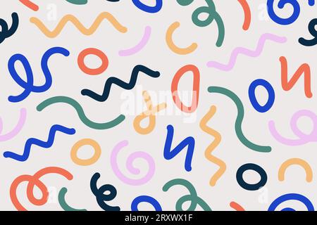 Motivo colorato e astratto senza cuciture. Sfondo artistico in stile minimalista e creativo con un elemento e una figura vivaci e carini. Semplice scarabocchio infantile Illustrazione Vettoriale