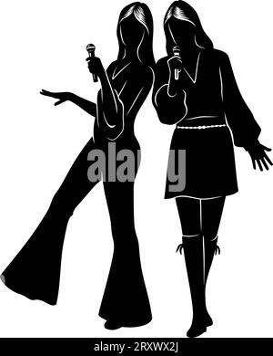 Silhouette per cantanti da discoteca. Belle donne che cantano in duo. Tutte le figure sono oggetti separati. Clipart vettoriali isolati su bianco. Illustrazione Vettoriale