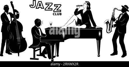 Set di silhouette retro Jazz Club. Cantante donna seduta su un pianoforte., pianista, doppio bassista, sassofonista. Clipart vettoriali. Illustrazione Vettoriale
