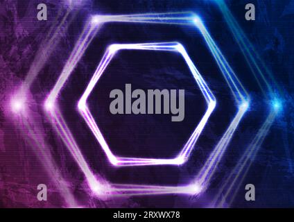 Esagoni al neon illuminati blu e viola astratto sfondo tecnologico. Progettazione vettoriale Illustrazione Vettoriale