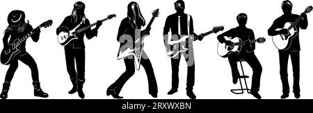 Set di silhouette per chitarristi. Uomini che suonano con chitarre elettriche e acustiche. Clipart vettoriali isolati su bianco. Illustrazione Vettoriale