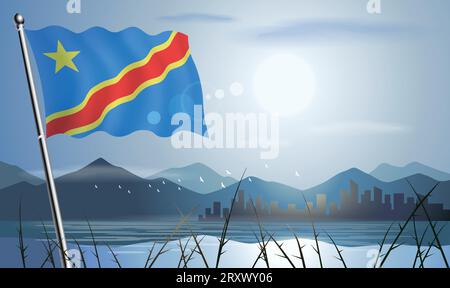 Bandiera del Congo con sfondo soleggiato di montagne e laghi Illustrazione Vettoriale