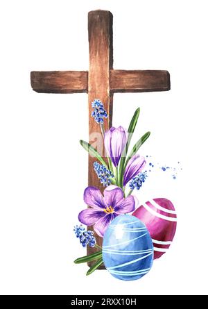 Croce cattolica in legno con uova di Pasqua. Illustrazione ad acquerello disegnata a mano isolata su sfondo bianco Foto Stock