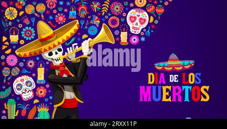 Giorno della morte dia de los muertos bandiera delle vacanze messicane. Cartoni mariachi scheletro musicista personaggio che gioca alla tromba. Saluti vettoriali con l'artista morto in costume tradizionale latino e sombrero Illustrazione Vettoriale