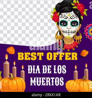 Day of the Dead dia De Los Muertos Catrina Calavera, offerta natalizia messicana modello vettoriale banner. Le candele dell'altare dei cartoni animati, le zucche di Halloween e i fiori offrono un layout post sui social media Illustrazione Vettoriale