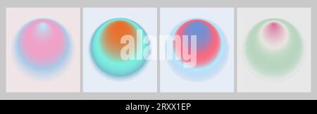 Poster tondo Aura Set Gradient y2k. Set di grafica vettoriale Futurismo. Retroonda, onda sintetica, rave, sfondo onda vapore. Colo nero, viola, rosa, blu, giallo Illustrazione Vettoriale