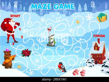 Labirinto di labirinto natalizio, foglio di lavoro per bambini con giochi da tavolo vettoriali per aiutare Babbo Natale a consegnare regali alla casa di villeggiatura. Gioco da tavolo con percorso aggrovigliato, tasso, orso e bullfinch personaggi dei cartoni animati, prova enigma per bambini Illustrazione Vettoriale