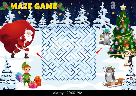 Labirinto di labirinto natalizio aiuta Babbo Natale a trovare un albero di vacanze di pino. Foglio di lavoro del gioco da tavolo vettoriale per bambini con divertente cartone animato Noel con personaggi di borse, elfi, ricci o procioni nell'enigma invernale dei bambini della foresta Illustrazione Vettoriale