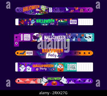 Set di braccialetti di carta per feste di Halloween e mockup con braccialetti a mano. Variegato assortimento di braccioli a tema per una soiree raccapricciante, identificando gli ospiti e aggiungendo un tocco di spirito spettrale all'evento Illustrazione Vettoriale