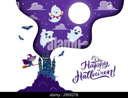 Striscione in carta di Halloween con spaventoso castello scuro, strega e simpatici fantasmi kawaii volanti all'interno della cornice a doppia esposizione 3D. Simpatici personaggi spettrali fantasma vettoriali e stregoni nel cielo di mezzanotte con la luna Illustrazione Vettoriale