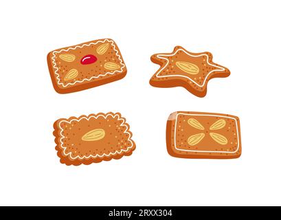 Set di biscotti al pan di zenzero in forma diversa su sfondo bianco.bicuits natalizi Illustrazione Vettoriale