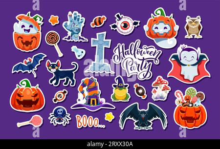 Set vettoriale adesivi Halloween. Fantasma di cartoni animati, zucca, mano zombie e bulbo oculare. Gufo, caramelle, pipistrello e gatto nero. Cappello da strega, corvo, rana e funghi amanita. Spider, vampiro spettrale, boo Word, tomba Illustrazione Vettoriale