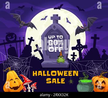 Striscione di Halloween con lapide nel paesaggio del cimitero di mezzanotte. Offerta speciale horror per le vacanze volantino vettoriale con zucche, pipipistrelli, calderone di pozione strega e croci del cimitero, luna e ragnatela Illustrazione Vettoriale