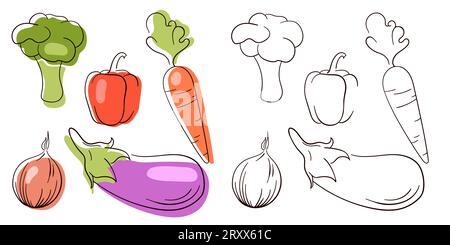 Set piccolo con verdure disegnate a mano. Stile di schizzo. Icone piatte cipolla, pepe, melanzane, carote, broccoli. Illustrazione vettoriale isolata su un Illustrazione Vettoriale