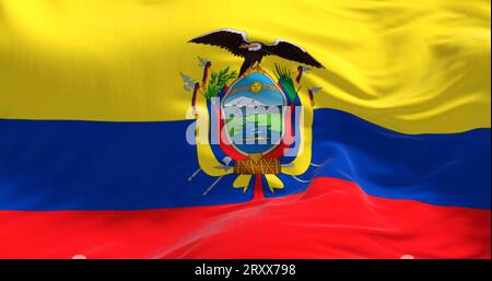 Bandiera nazionale ecuadoriana che sventola nel vento in una giornata limpida. La Repubblica dell'Ecuador è una repubblica presidenziale del Sud America. rendering dell'illustrazione 3d. Foto Stock