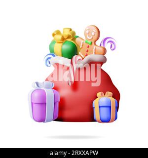 Sacco di Babbo Natale aperto in 3D pieno di regali Illustrazione Vettoriale