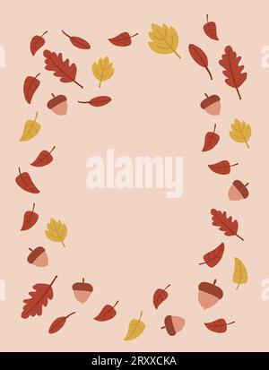 Cornice autunnale con foglie colorate e ghiande. L'autunno lascia il telaio rotondo. Sfondo invito, sfondo foglie autunnali, perfetto per il design di cartoline. Illustrazione vettoriale Illustrazione Vettoriale