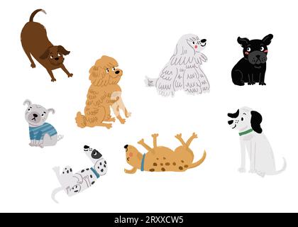 Simpatico set vettoriale di personaggi dei cani cartoni animati su bianco. Carini cani allevano il set. Illustrazione vettoriale Illustrazione Vettoriale