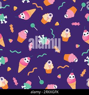Motivo vettoriale senza cuciture per Halloween con dolci Illustrazione Vettoriale