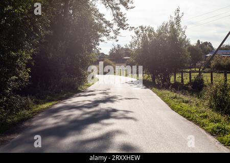 La strada per la fattoria. Autostrada in campagna. Strada stretta in estate. Una giornata di sole su una strada vuota. Foto Stock