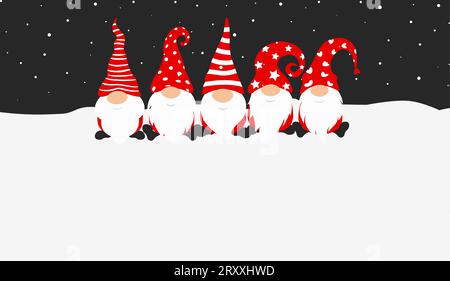 Gnomi da giardino seduti su un po' di neve, area vuota, su sfondo cielo scuro e stellato, in stile piatto, bianco e rosso, modello biglietto d'auguri, vettore Illustrazione Vettoriale