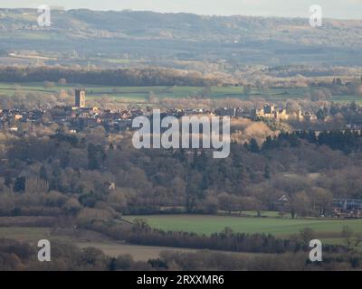 Una vista sul South Shropshire verso Ludlow da View Edge, Onibury, Shropshire, Regno Unito Foto Stock