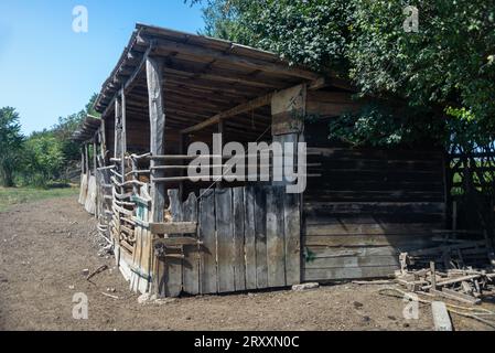 Stalla rustica d'annata nella fattoria degli asini, Zasavica, Serbia Foto Stock