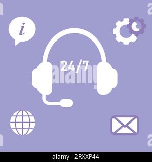 Concetto di assistenza clienti e supporto. Servizio di supporto tecnico virtuale, comunicazione continua 24 ore su 24, 7 giorni su 7 con l'operatore di linea diretta. Illustrazione vettoriale Illustrazione Vettoriale