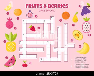 Crossword vettoriale per bambini. Frutta e bacche. Illustrazione Vettoriale