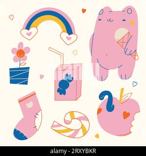 Simpatici adesivi luminosi su sfondo giallo. Dolce orso kawaii, arcobaleno, succo, mela, fiore, succo, calzino. Illustrazione vettoriale. Grafica per bambini Illustrazione Vettoriale