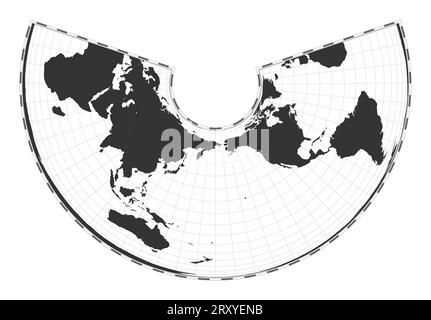 Mappa vettoriale del mondo. Proiezione conica Albers con area uguale. Mappa geografica del mondo pianeggiante con linee di latitudine e longitudine. Centrato a 180 gradi di longitudine. Ve Illustrazione Vettoriale