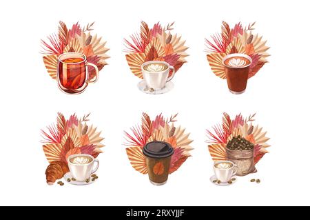 Set acquerello, chicchi di caffè in sacco di juta e tazza di caffè con foglie autunnali. Illustrazione disegnata a mano isolata su sfondo bianco. Perfetto Foto Stock