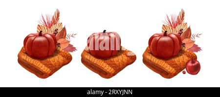 Set acquerello, zucca fresca intera, maglione con foglie. Illustrazione disegnata a mano isolata su sfondo bianco. Perfetto per il menu' caffetteria Foto Stock