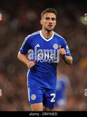 Yunus Akgun del Leicester City durante la partita del terzo turno della Carabao Cup ad Anfield, Liverpool. Data foto: Mercoledì 27 settembre 2023. Foto Stock