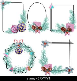 Set di cornici natalizie con palle di ornamento natalizio, hollyhock, candele, biscotti al pan di zenzero e coni di pino Illustrazione Vettoriale