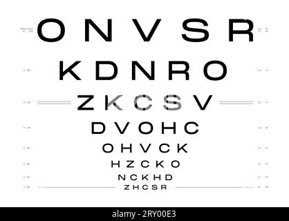 Grafico LogMAR grafico per test oculari illustrazione medica. Contorno stile di schizzo vettoriale di linea isolato su sfondo bianco. Pannello ottico ottico oftalmico per il controllo visivo degli occhiali da vista Illustrazione Vettoriale