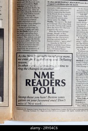 Annuncio per il sondaggio dei lettori NME nel numero degli anni '1970 del New Musical Express Music Paper Foto Stock