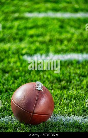 Vista ravvicinata da un angolo basso di un football americano in pelle seduto nell'erba su una linea bianca del cortile con segni di hash sullo sfondo. Foto Stock