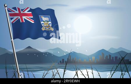 Bandiera delle Isole Falkland con sfondo soleggiato di montagne e laghi Illustrazione Vettoriale