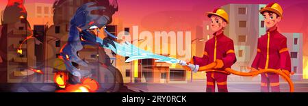 Due pompieri maschi in uniforme e caschi spengono il fuoco in città con l'acqua proveniente dal tubo. Illustrazione vettoriale cartoon del servizio di risposta rapida a emergenze e disastri. Dipartimento dei pompieri al lavoro. Illustrazione Vettoriale
