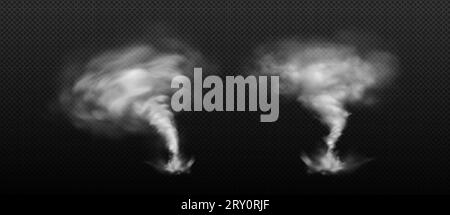 Uragano tempesta turbolenta con polvere turbolenta e nuvole. Serie di illustrazioni vettoriali realistiche di tornado e twister con effetto trasparente. Imbuto distruttivo del vortice del ciclone - calamità atmosferica naturale. Illustrazione Vettoriale