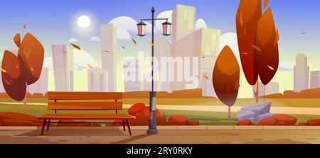 Parco pubblico autunnale della città con panchina, lanterna e alberi con foglie arancioni sullo sfondo di grattacieli. Paesaggio autunnale vettoriale dei cartoni animati con giardino di strada della città con boschi, passerelle e cielo nuvoloso Illustrazione Vettoriale