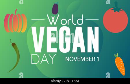 Illustrazione vettoriale del World Vegan Day con cibo sano e stile di vita verde. Modello vettoriale per sfondo, banner, schede, poster. Illustrazione Vettoriale