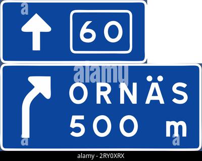 Segui le indicazioni stradali, esci davanti a una strada diversa dall'autostrada o dalla superstrada, segnaletica che fornisce informazioni, regolamento speciale, segnaletica stradale in Svezia Illustrazione Vettoriale