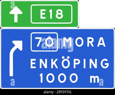 Segui le indicazioni stradali, esci davanti all'autostrada o alla superstrada, segui le indicazioni stradali, regolamento speciale, segnaletica stradale in Svezia Illustrazione Vettoriale
