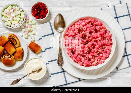 insalata cremosa di mirtilli rossi con mini marshmallow, mela fresca e noci pecan in ciotola bianca su tavolo di legno bianco con dolci alla cannella, ricetta americana, h Foto Stock