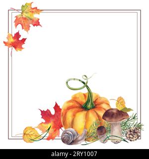 La cornice della composizione autunnale. Zucca, funghi porcini, foglie di acero, quercia, betulla, lumaca. Illustrazione acquerello. Dipinto a mano. Ringraziamento, Foto Stock