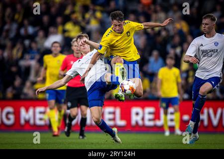 Broendby, Danimarca. 27 settembre 2023. Oscar Schwartau (41) di Broendby SE visto durante l'Oddset Pokalen match tra HIK e Broendby IF al Brondby Stadium. (Foto: Gonzales Photo - Teis Markfoged). Credito: Gonzales Photo/Alamy Live News Foto Stock