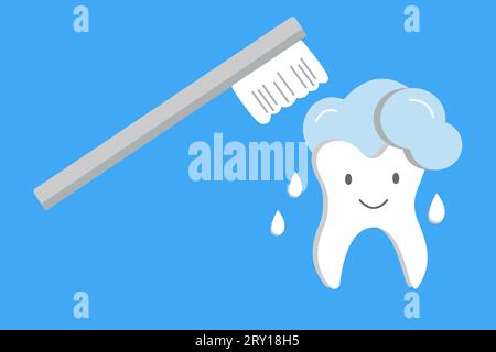 Dente carino piatto del cartone animato con spazzolino da denti. Cure dentistiche. Concetto di igiene orale per bambini per odontoiatria pediatrica. Pulizia e prevenzione dei denti. Vettore Illustrazione Vettoriale