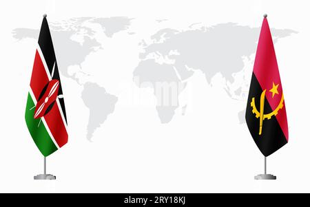 Bandiere del Kenya e dell'Angola per un incontro ufficiale sullo sfondo della mappa mondiale. Illustrazione Vettoriale